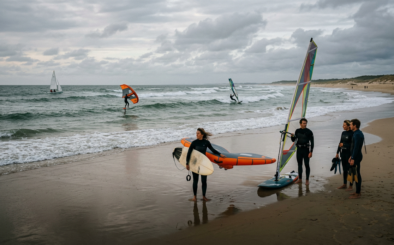 Generated image of riders on a French beach with a surfboard, a wing and a windsurf sail, and a wing foiler, a windsurfer and a dinghy on the water